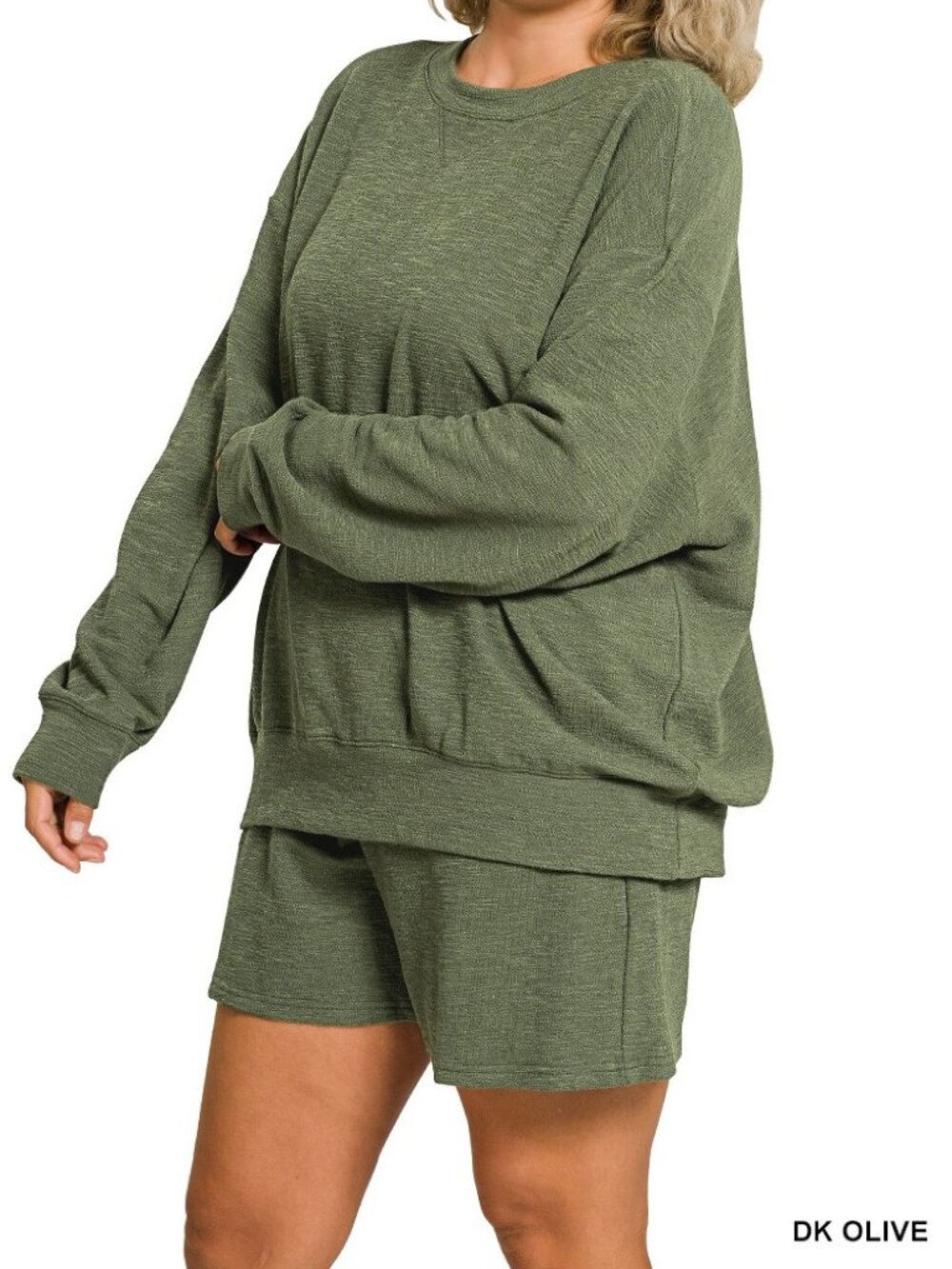 NWT- Women's Plus Size Slub Knit LS Pullover and Shorts Set, Dark Olive